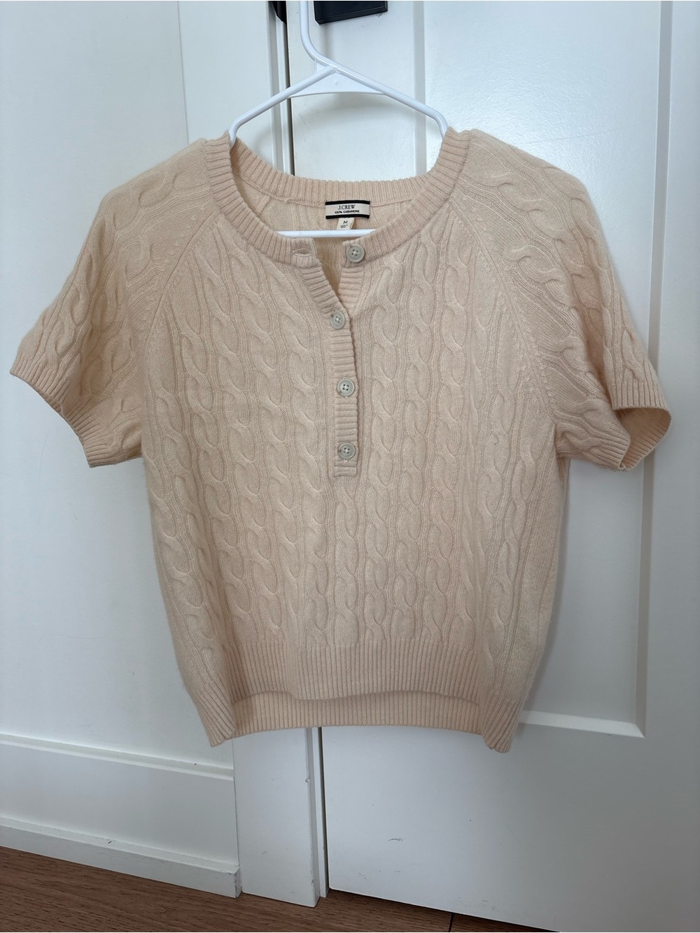 J. Crew Cashmere Short-Sleeve Cable-Knit Henley Sweater - Cream
